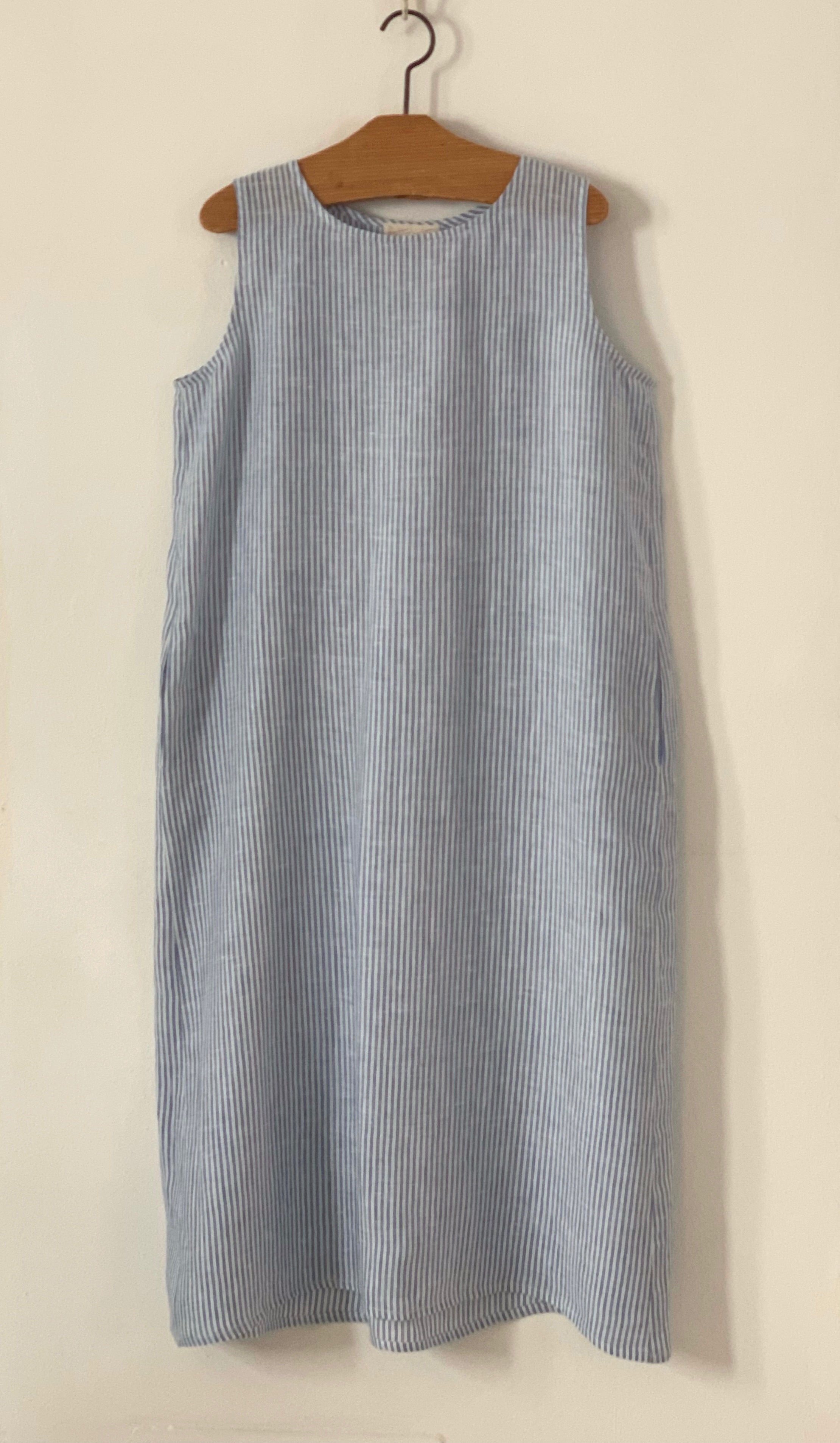 White and blue striped dress